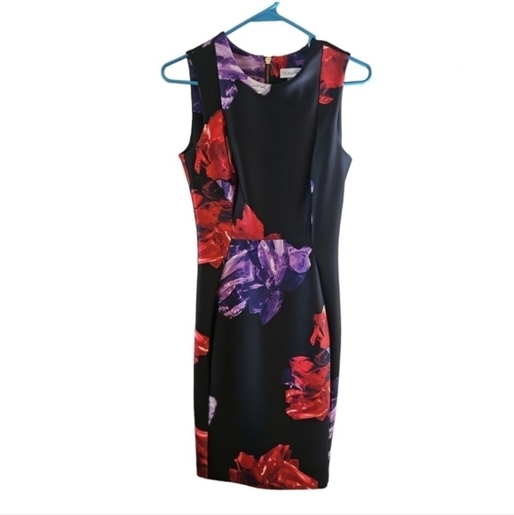 Calvin Klein floral scuba sheath dress sz 2 black red purple - Picture 6 of 6